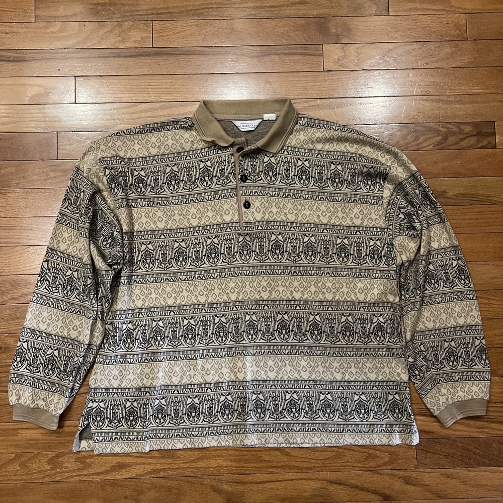 Vintage Gabicci Knit Polo Shirt Mens L Tan Brown Geometric Pattern Long Sleeve